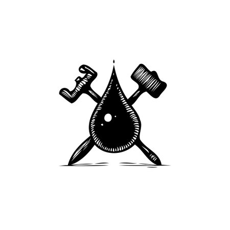 A stylized emblem presents a droplet crossed with a hammer and wrench, suggesting themes of craftsmanship, industrial repair, and solution-oriented services. The design is minimal and illustrative.のイラスト素材