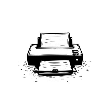 Monochrome illustration of a printer with paper inside, representing printing technology. Suitable...