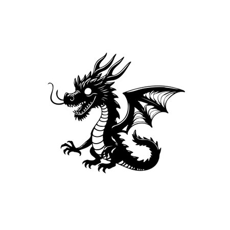 A striking monochromatic illustration portrays a fantastical dragon, blending intricate design with a powerful presence. Evokes a sense of myth and ancient lore, rendered in a simple style.のイラスト素材