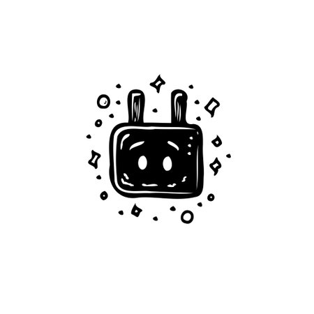 Whimsical cartoon drawing featuring an electrical plug with a cute, expressive face. Sparkling...