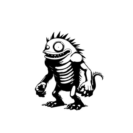 A stylized monochrome illustration features a comical monster with spiky features, wide eyes, and a toothy grin, rendered in a whimsical cartoon style.のイラスト素材