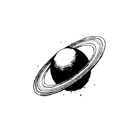 A stylized, monochrome illustration of a ringed planet, reminiscent of Saturn. Presented with a hand-drawn, inky aesthetic and fine cosmic dust. Symbolizing space exploration and the wonders of the universe.のイラスト素材