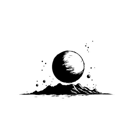 A stylized monochrome depiction of a sphere gracefully floating above a mountain range. The image evokes a sense of surreal serenity, a dreamy vista suspended in time.のイラスト素材