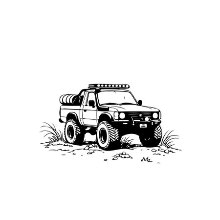 Monochrome illustration of a four-wheel drive pickup, embodying adventure and resilience. The vehicle is rendered in a stylized line drawing, capturing its rugged capability.のイラスト素材