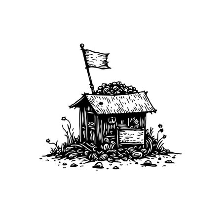 A hand-drawn monochrome illustration features a small house with a flag, surrounded by natural foliage. Its rough exterior gives a rustic, vintage impression.のイラスト素材