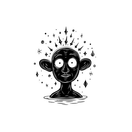 An eerie monochrome illustration features a peculiar figure rising from the water. Cosmic radiance surrounds the head, creating a bizarre and surreal scene. The drawing invites viewers into a realm of fantasy and the uncanny.のイラスト素材