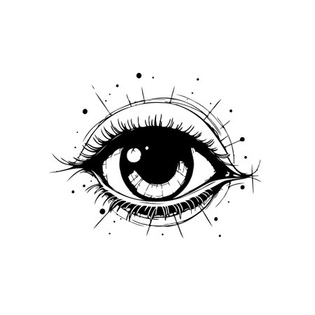 A stylized, monochromatic illustration of an eye. The depiction showcases detailed lashes and a prominent pupil, surrounded by artistic flourishes and design elements.のイラスト素材
