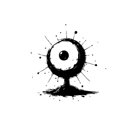 An abstract, monochromatic illustration features a stylized eye with ink splatters and lines. The artistic design creates a unique, slightly eerie visual.のイラスト素材