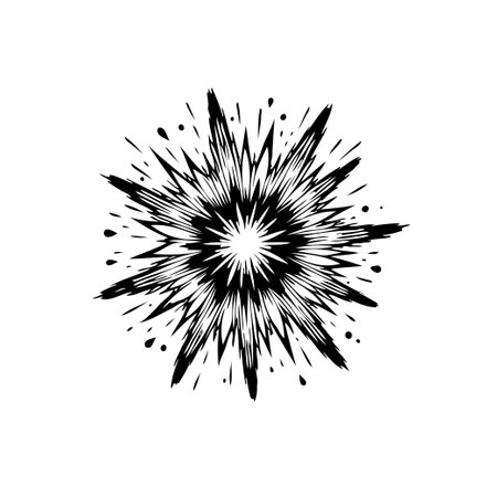 A bold black and white graphic element featuring a radial explosion. With sharp, stylized spikes emanating from the central point, creating a dynamic and abstract illustration.のイラスト素材