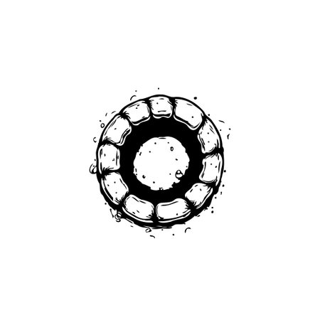 Stylized depiction of a donut with intricate outlines and a splash effect, set against a white background. The monochrome graphic emphasizes the donut's shape and design.のイラスト素材