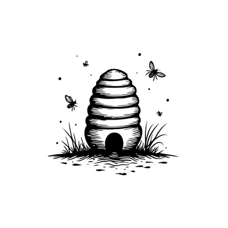A monochrome illustration showcases a beehive nestled in grass, with several bees flying nearby. The artwork has a sketched, vintage aesthetic, emphasizing nature and simple rural life.のイラスト素材