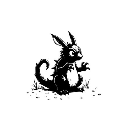An imaginative illustration of a quirky, spiky rabbit-like creature. Rendered in monochrome with bold lines, it evokes both whimsy and a touch of dark fantasy.のイラスト素材