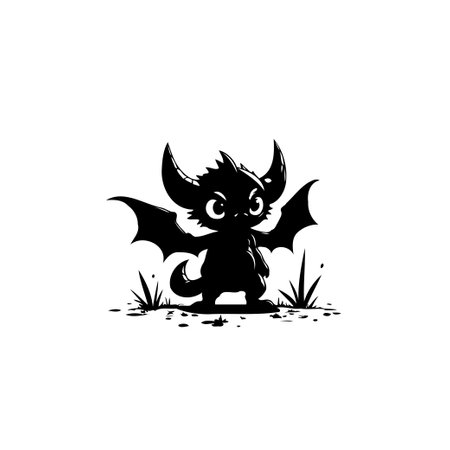 A stylized, dark silhouette illustration depicts a horned creature with small wings, rendered in a playfully menacing design. The graphic is set against a suggestion of grassy ground.のイラスト素材