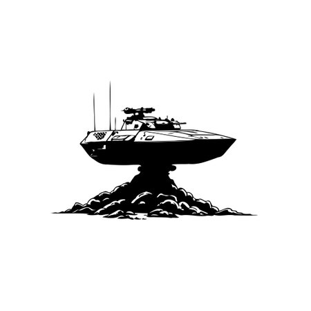 Stylized monochrome illustration representing amphibious warfare. The image features a military boat mounted on a heap, creating an evocative symbol of defense and transport.のイラスト素材