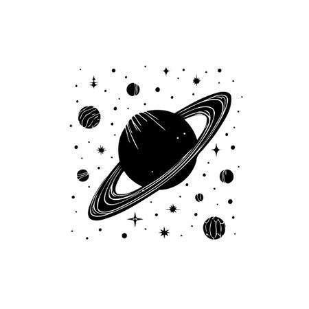 Stylized monochrome illustration of Saturn amidst a sprinkle of stars and small planets, suggesting exploration and the wonders of the cosmic realm.のイラスト素材