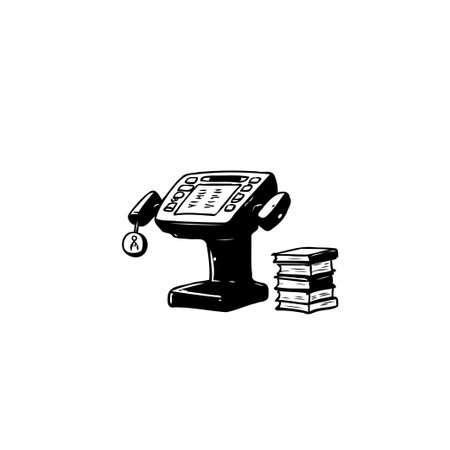 This monochromatic illustration shows sophisticated eye exam equipment alongside a stack of books, symbolizing the intersection of vision care and learning.のイラスト素材