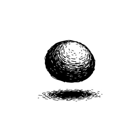 An abstract monochrome image showcases a sphere levitating above its distinct shadowed reflection, with a textural, hand-drawn style emphasizing shading and light interplay.のイラスト素材