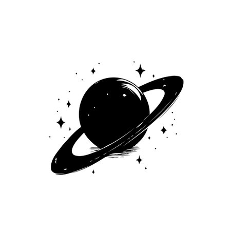 A monochrome graphic depicts a ringed planet amidst twinkling stars, evoking a sense of cosmic wonder and exploration. The artwork captures a celestial realm, symbolizing journeys into uncharted territories.のイラスト素材