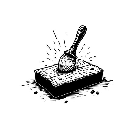This monochrome illustration showcases a hand brush firmly impaled into a textured block object, evoking a sense of artistic intention and the raw beauty of natural materials.のイラスト素材