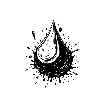 An abstract, monochrome image features a large, stylized liquid drop with a splattered texture. The visual evokes concepts of fluidity, substance, and abstract design in a minimalist, impactful way.のイラスト素材