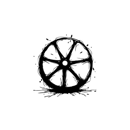 This abstract vector illustration portrays a slice of citrus fruit, possibly an orange, rendered in an ink splatter style. It's a unique graphic element ideal for branding or creative design projects.のイラスト素材