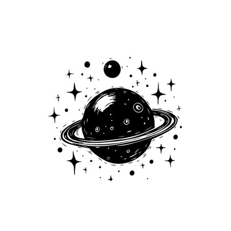 A stylized monochrome illustration depicts a planet embraced by a ring system, surrounded by shining stars. This imagery evokes a sense of cosmic wonder and outer space exploration.のイラスト素材