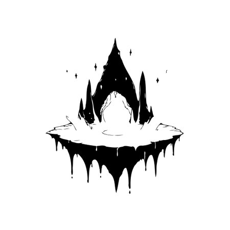 Monochromatic illustration of a floating island with sharp gothic structures, dripping edges, and an ethereal glow. Conjures a surreal, fantasy landscape full of mystery.のイラスト素材