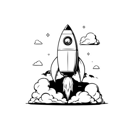 A hand-drawn monochrome illustration features a rocket launching into the sky amidst stylized clouds and scattered stars. The image conveys a sense of innovation, ambition, and the exciting journey ahead.のイラスト素材