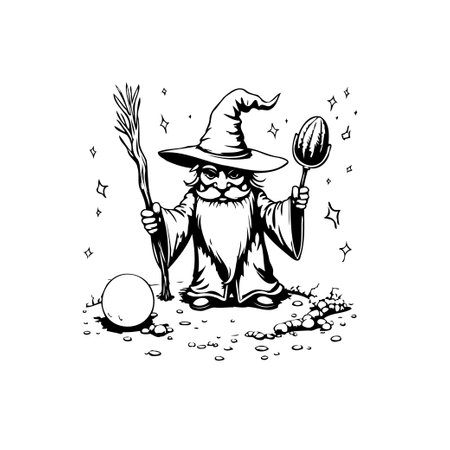 A whimsical illustration featuring a cartoon wizard figure, rendered in detailed monochrome. This enchanting design embodies a timeless, fairytale aesthetic, complete with accessories to weave a narrative of magical storytelling.のイラスト素材