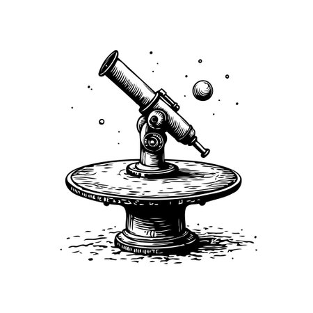 A monochrome illustration features a vintage telescope poised on an ornate table, inviting cosmic exploration and scientific discovery, symbolizing learning and curiosity about the universe.のイラスト素材