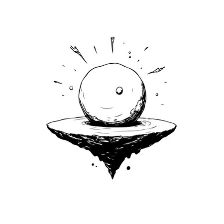 An abstract black and white illustration depicting a sphere resting on a floating landform. This minimalistic composition evokes feelings of fantasy, surrealism, and otherworldly realms.のイラスト素材