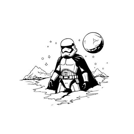 A stylized monochrome illustration depicts a futuristic warrior standing in a surreal landscape. The warrior wears a helmet and armor, with a cape billowing behind them, set against a backdrop of mountains, a moon, and scattered stars. The scene evokes a sense of cosmic exploration and adventure.のイラスト素材