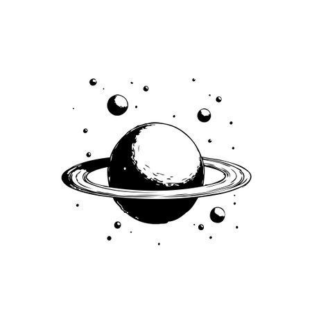 A minimalist monochrome illustration portrays a ringed planet surrounded by a constellation of...