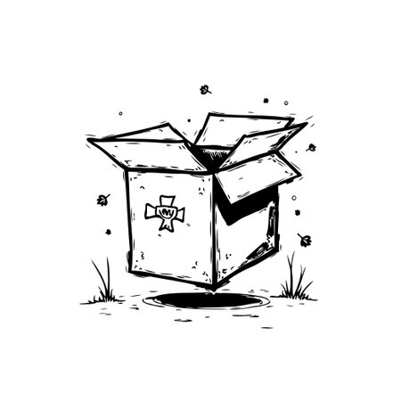 A quirky, hand-drawn style illustration features an open cardboard box with a symbolic design, lightly resting above a patch of grass and scattered leaves.のイラスト素材
