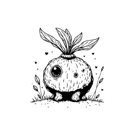 Hand-drawn vector illustration of a whimsical flora creature. Black and white design perfect for fantastical projects or artistic designs with botanical, playful aesthetic.のイラスト素材