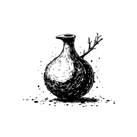 Monochrome illustration featuring a stylized vase with a delicate sprout. The organic element contrasts with the crafted form, creating a visual of handcrafted beauty.のイラスト素材