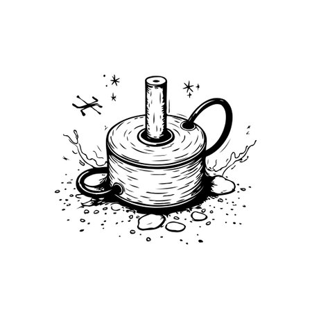 A charming black and white drawing depicts an antique oil lantern. It features a cylindrical body, ornate handle, and decorative sparks, creating a rustic vintage aesthetic.のイラスト素材