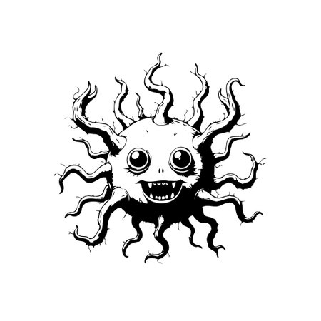 A delightful yet slightly unsettling ink drawing features a round monster with tentacle-like limbs, exhibiting a cheerful, toothed smile. This unique character offers a playful, odd element.のイラスト素材