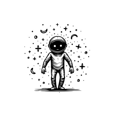 A stylized monochrome illustration depicts a whimsical astronaut figure surrounded by celestial motifs. Ideal for designs seeking an imaginative, space-themed element with an artistic, freehand feel.のイラスト素材