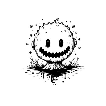 A hand-drawn monochrome illustration depicts a whimsical cartoon creature with a spiked head, standing amidst a patch of stylized grass. The design evokes a quirky, playful aesthetic.のイラスト素材