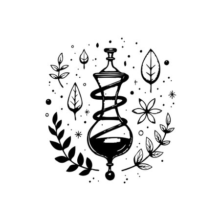A stylized illustration depicts a potion bottle surrounded by leaves and botanical elements. This image evokes a sense of herbalism, magic, and esoteric knowledge in decorative way.のイラスト素材