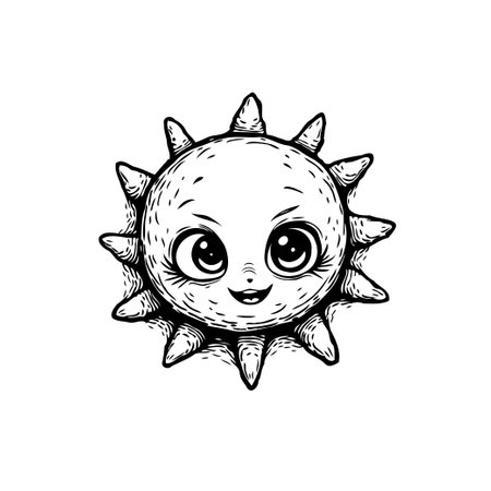 Charming illustration featuring a sun-like character with adorable eyes. Detailed linework adds depth to its cheerful expression and radiating design.のイラスト素材