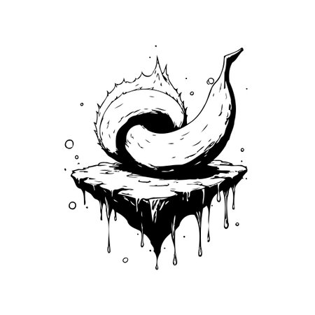 A peculiar illustration features a single banana, distinctively shaped like a spiral, perched atop a floating rock island. Dripping from the rock, the image evokes a surreal and imaginative feel.のイラスト素材