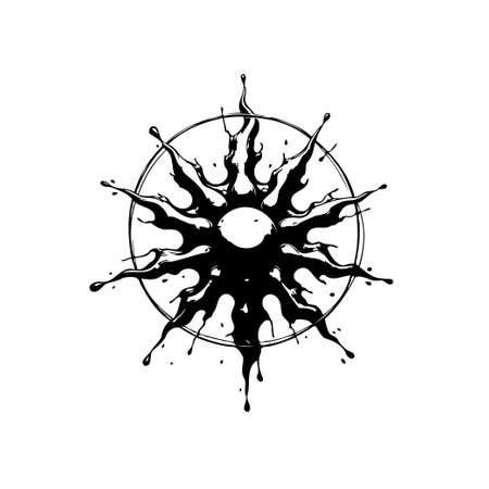 An abstract monochrome illustration featuring a circular splash design. Black ink bursts outward from a central point, creating a dynamic and artistic effect. Ideal for backgrounds or graphic elements.のイラスト素材