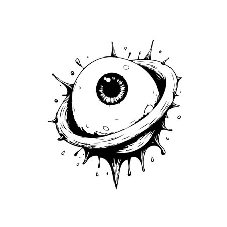 A stylized monochrome drawing features a prominent eye orbited by inky rings, creating a surreal and otherworldly visual, suitable for graphic and artistic projects.のイラスト素材