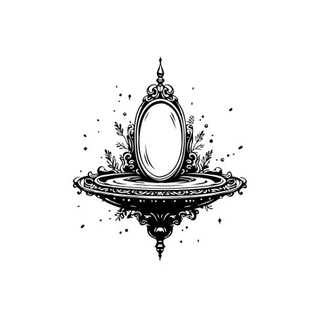 An ornate mirror sits poised above an embellished water basin, rendered in a classic, illustrative style, suggesting refinement and quiet contemplation.のイラスト素材