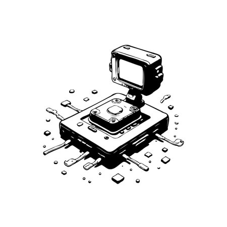 A monochrome, stylized illustration presents a conceptual electronic component. The design blends retro and futuristic elements, highlighting technological innovation and abstraction.のイラスト素材