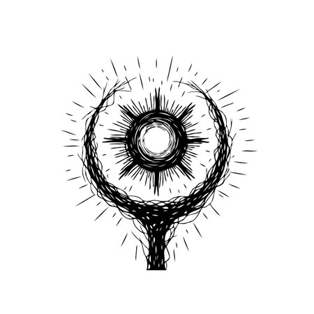 An artistic illustration depicting a sun-like symbol enclosed within a crescent shape, radiating light. An ethereal and spiritual element with a touch of mysticism, ideal for creative and symbolic design work.のイラスト素材