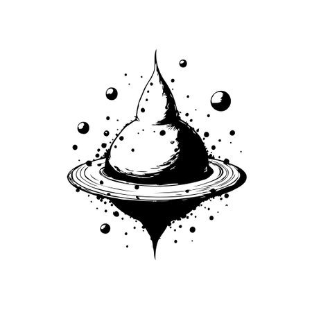 An abstract, monochromatic ink drawing features a planet-like form with rings, surrounded by floating orbs. It evokes a sense of cosmic wonder and surreal beauty.のイラスト素材