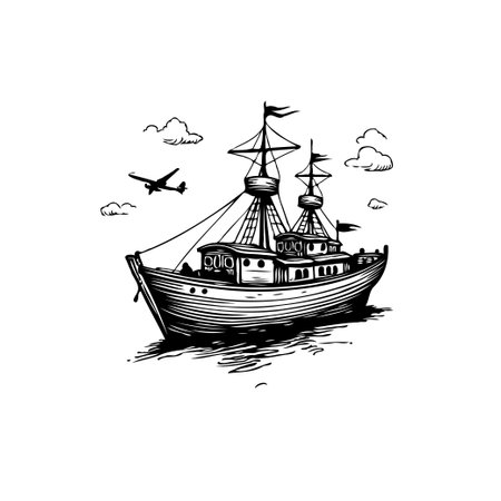 A detailed, vintage-style illustration of a boat at sea, with a plane flying above the clouds, evoking a sense of travel and exploration.のイラスト素材